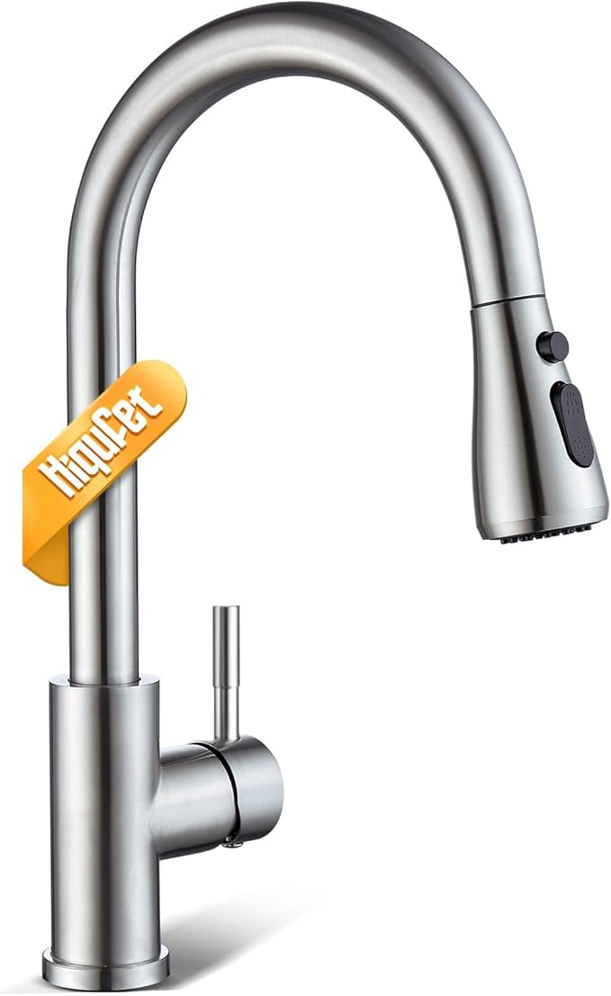 Hiqufet Kitchen Faucet with Pull Down Sprayer, Single Handle High Arc Kitchen Sink Faucet, Lead-Free Stainless Steel Modern Rv Bar Sink Faucets (Brushed Nickel)