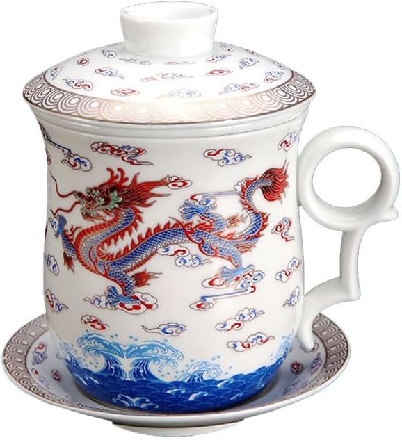 GOLDY&WENDY Premium Ceramic Tea Cup with Lid Chinese Pattern Anti-scalding Handle Design Coffee Mug or Porcelain Cup