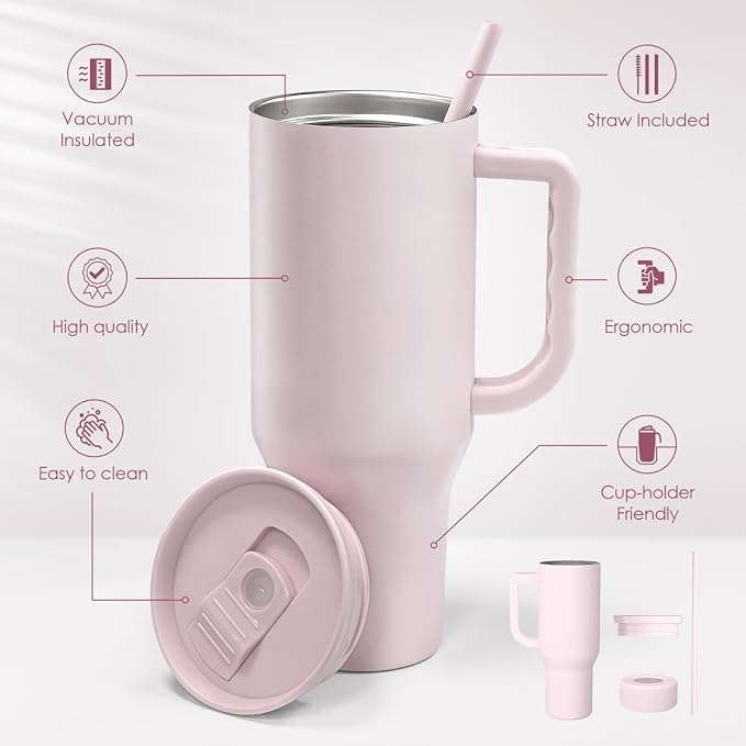 SANDJEST Pale Pink 40oz Tumbler with Handle and Straw, Insulated Stainless Steel Travel Coffee Mug for Women Girls, Gift Idea for Birthday Christmas Mothers Day