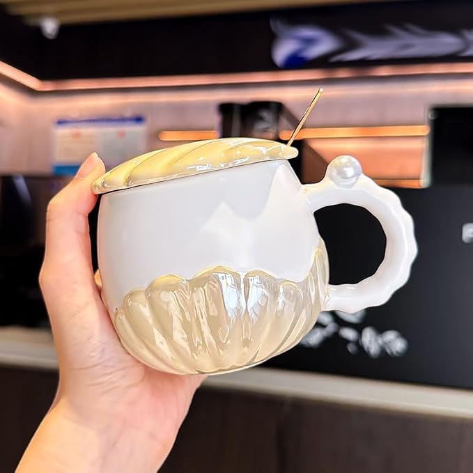 Pearl Ceramic Coffee Mug for Tea Latte Milk Cute Love Shape Cup for Home Office Women Gift 6.5 oz (Shell Round Yellow, 350 ml)