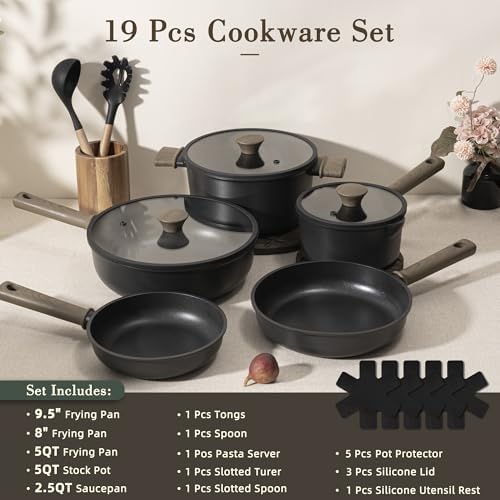 Astercook Non Stick Pots and Pans Set Healthy Non-Toxic Titanium Induction Kitchen Cookware Sets and Astercook 13-Piece Kitchen Knife Set with Black Anti-Rust Coating Stainless Steel Chef Knives Set