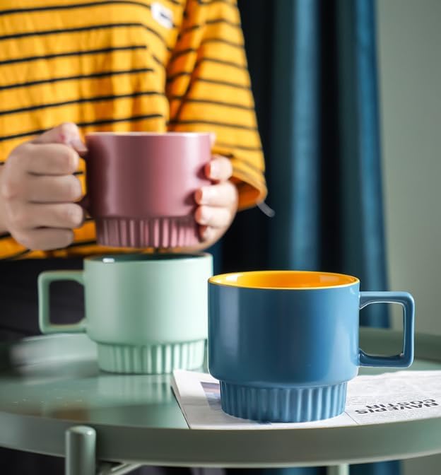 12OZ Stackable Coffee Mugs Set, Ceramic Coffee Cups with morandi color for Au Lait, Cappuccino,Latte,Cafe,Mocha,Tea, Suit Party Housewarming Wedding, Set of 3, Dishwasher&Microwave Safe(1)