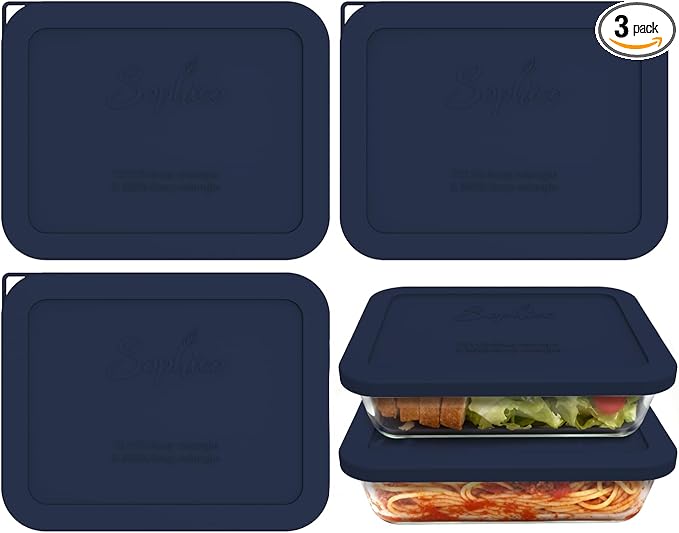 Sophico 3-Pack Silicone Lids for Pyrex Freshlock & SNAPWARE 6/8-Cup Glass Bowls (7211R/8608) - Airtight, Leakproof, Freezer/Dishwasher/Microwave Safe Replacement Rectangle Covers