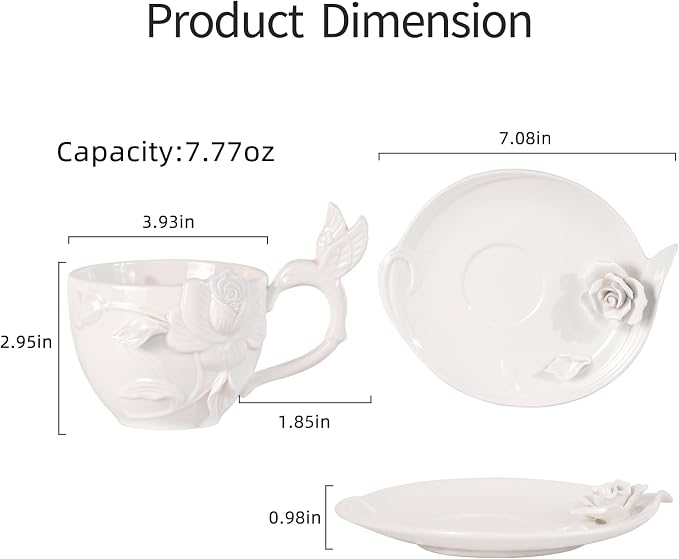 KAMMAK Tea Cups and Saucers Set of 2, Porcelain Coffee Cups, 8.5-Ounce Stackable Espresso Mugs, Ceramic Demitasse for Coffee, Latte, Americano, Tea, Cubic Rose
