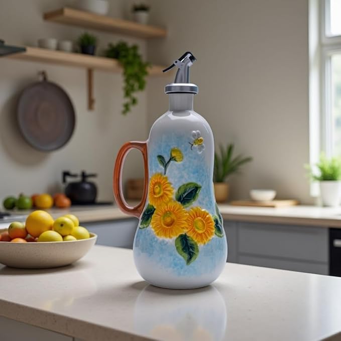 18.26oz/540ml Decorative Olive Oil Dispenser Bottle for Kitchen,Hand Painted Relief Ceramic Olive Oil Bottle,Ceramic Oil Container (B-Sunflower)