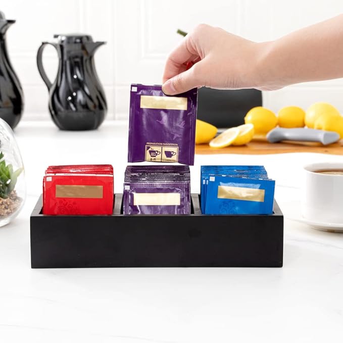 Restaurantware-9.5 x 4.25 x 2 Inch Coffee Condiment Organizer, 1 Rectangle Creamer Organizer - 3 Compartments, Black Bamboo Coffee Accessory Caddy, Won't Chip, For Tea And Sugar Packets