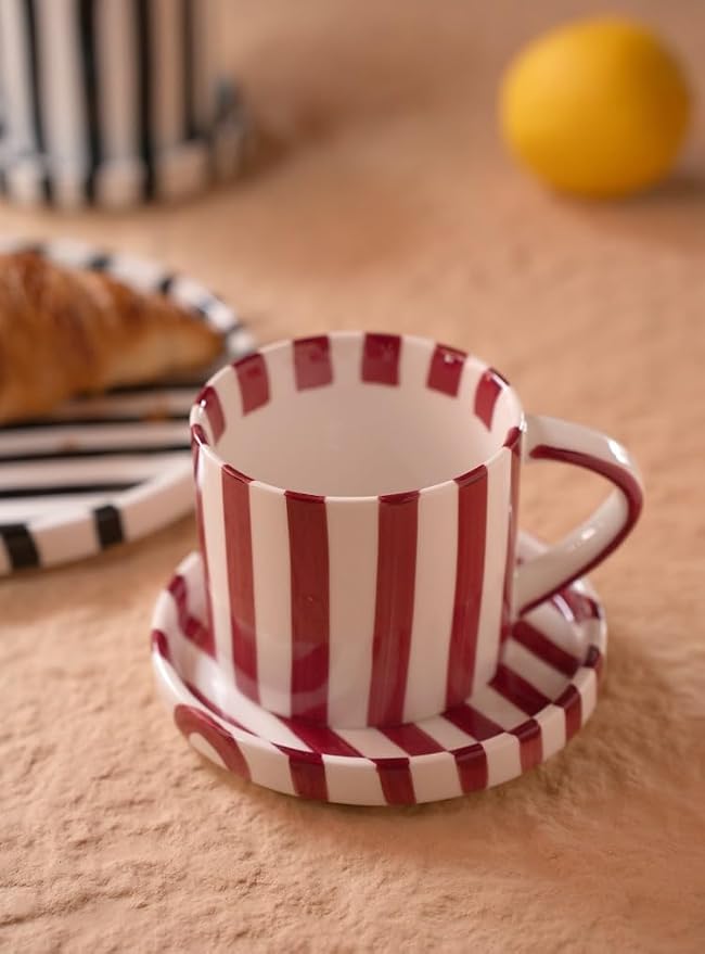 Cup and Saucer Set Hand-Painted Red Stripes, 8 Oz Ceramic Coffee Mug, Espresso Cups, Porcelain Coffee Cup for Cappuccino, Espresso, Coffee, Tea, Cafe Mocha, Latte, Set of Cup Gift for Coffee Lover