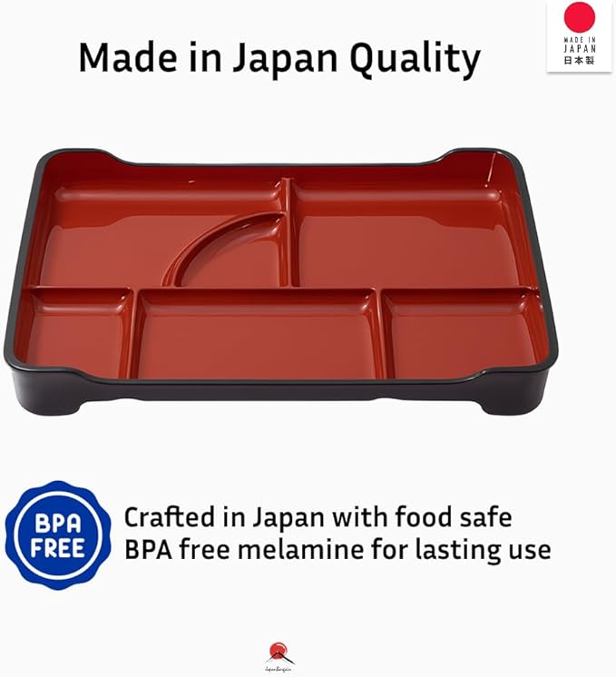 JapanBargain 1590, Japanese Lunch Bento Box Traditional Plastic Lacquered Bento Plate 6 Compartments for Restaurant or Home, Red and Black Color, 14"x9.25", Made in Japan, 10 Pack
