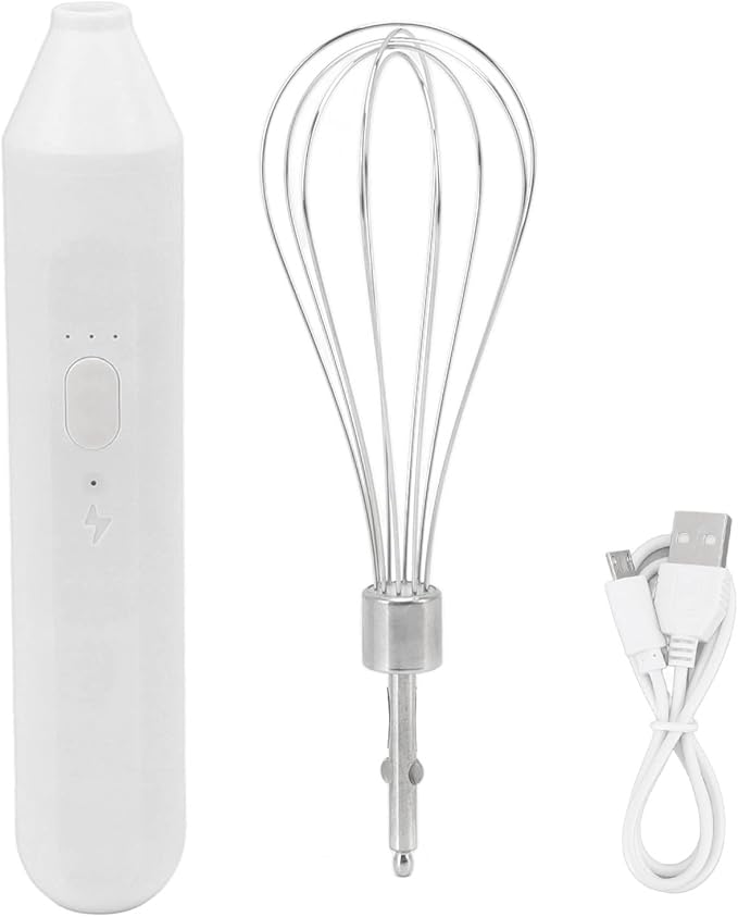 Electric Egg Beater Handheld USB Charging Milk Frother Portable Cordless Drink Mixer with Stainless Steel Whisk (White)