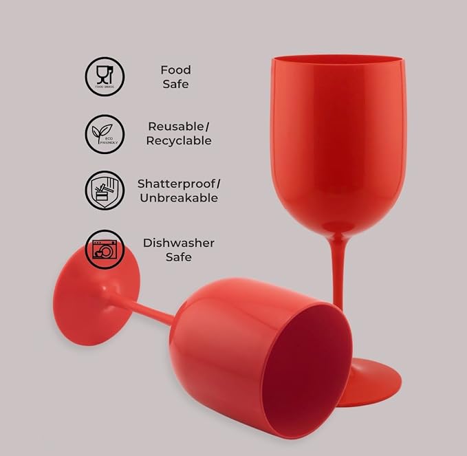 FOX & GRAPES Plastic Stemmed Wine Glasses | Unbreakable/Shatterproof, Reusable, Food Safe, Dishwasher Safe, For Birthday and Party, 16oz (Red, Set of 12)