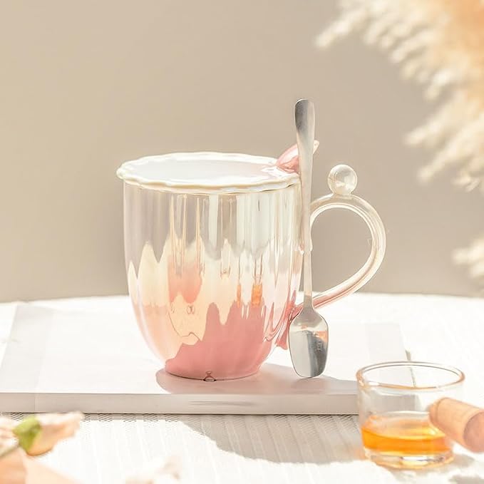 Pearl Ceramic Coffee Mug for Tea Latte Milk Cute Love Shape Cup for Home Office Women Gift 6.5 oz (Shell Blue, 420 ml)