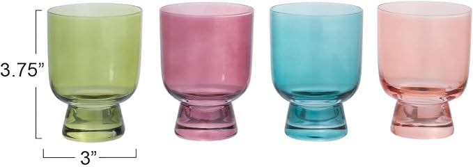 Creative Co-Op Hand Blown Footed Drinking Glasses, 6 Ounces, 4 Assorted Colors Glassware, Multi