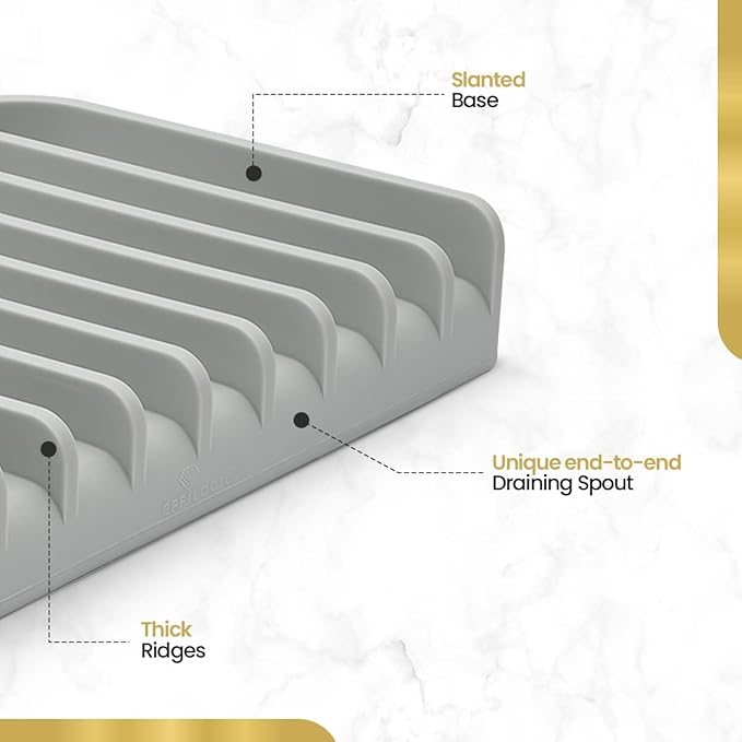 Effilogic Silicone Sponge Holder – Self-Draining Sink Organizer- Faucet Mat for Kitchen - Countertop Protector - Large Grey
