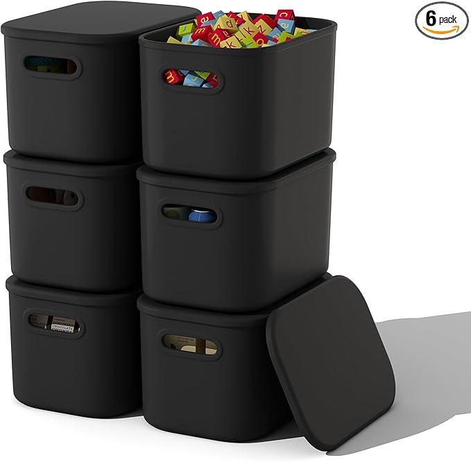 ORGIDOL 6 Pack Black Storage Bins with Lids Stackable Storage Container for Organizing, Black Storage Boxes with Handle for Shelves, Cute Organizer Bins for Craft, Snacks, 9.85x6.9x5.7 inch