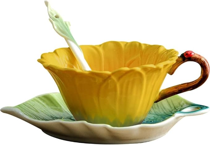 WAYUTO 3D Ceramic Coffee Mug and Saucer Set with Spoon Sunflower Coffee Mug Tea Cup with Decorative Handle Vintage Floral Drinking Cups Unique Gifts for Birthday Wedding Christmas 6oz Yellow