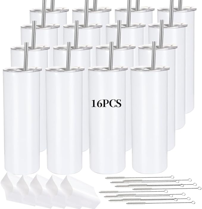 16 Pack Sublimation Tumblers Straight Skinny Tumbler Blanks Bulk 20oz for Heat Transfer, Individual Gift Boxed, Double Wall Insulated Tumbler with Shrink Wrap & Straws