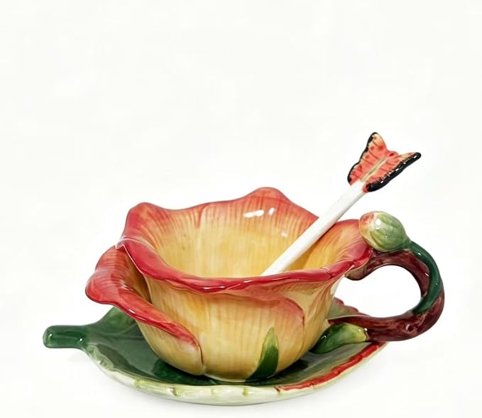 Ceramic Tea Cup and Saucer Set ，6OZ 3D Hand-Painted Flower and Lotus Leaf Coffee Mug，Gift for Women- Yellow Rose