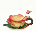 Ceramic Tea Cup and Saucer Set ，6OZ 3D Hand-Painted Flower and Lotus Leaf Coffee Mug，Gift for Women- Yellow Rose