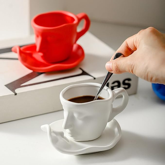 Human Face Ceramic Coffee Mug, 8.8oz/260ml Kissing Coffee Cup with Saucer Coffee Spoon, Tea Cup Milk Latte Espresso Cappuccino Juice Beverage Iced Tea Water Cups Drinkware (White)