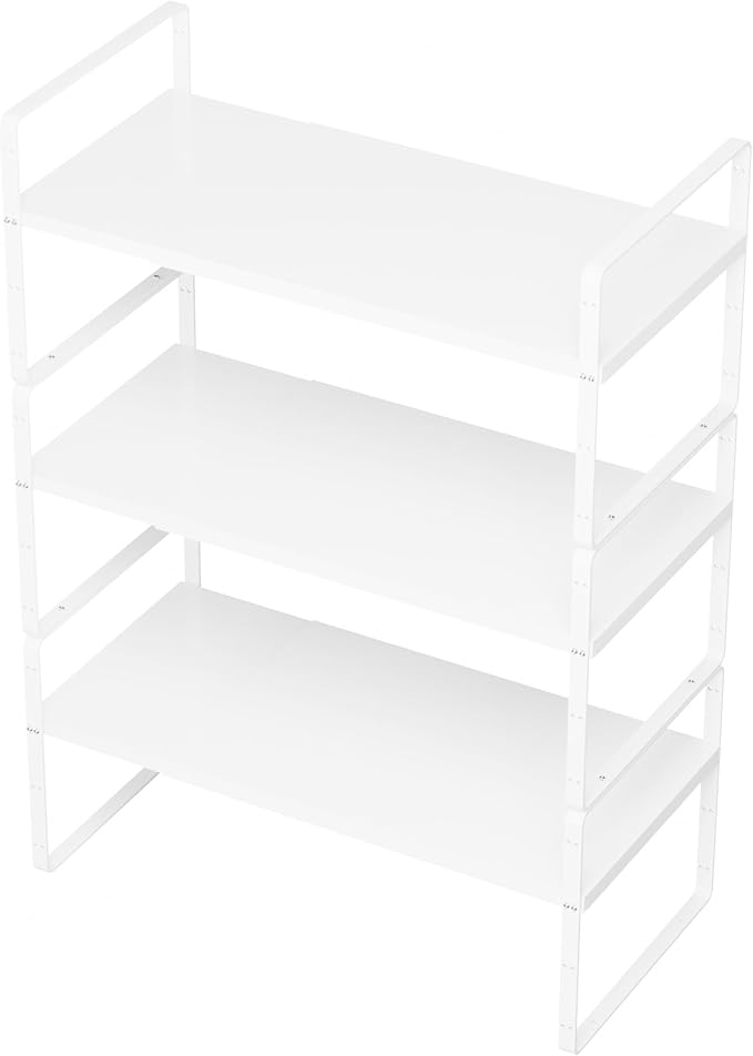 SANNO Expandable Cabinet Shelf Organizer,Spice Rack Adjust Height Large Kitchen Cupboard Organizer Stackable Counter Shelf Expandable Shelves, Counter Pantry, White,3 Pack
