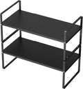 SANNO Expandable Kitchen Shelf Organizers,Adjustable Height Large Stackable Kitchen Cupboard Cabinet, Pantry and Counter Shelf Organizer, Cupboard Stand Spice Rack, Black, 2 Pack