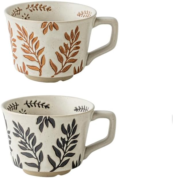 12OZ Stackable Coffee Mugs, Ceramic Coffee Mugs with Grass leaf pattern for Man,Woman,Dad,Mom, Modern Coffee Mugs Set of 2 for Latte,Cappuccino,Cocoa. Dishwasher&Microwave Safe(Leaf)