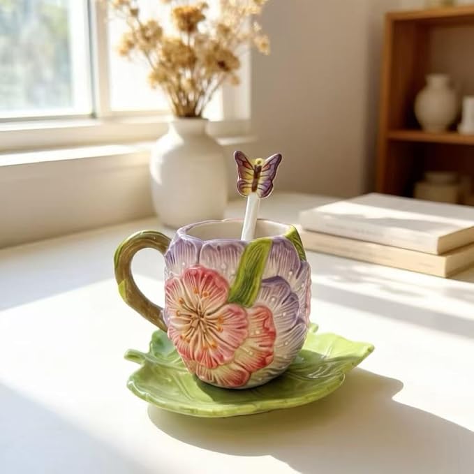 Floral Butterfly Ceramic Cup and Saucer Set - Cute Hand-Painted Sakura Flower Mug with Leaf Saucer and Spoon, Unique Tableware for Coffee/Tea Lovers