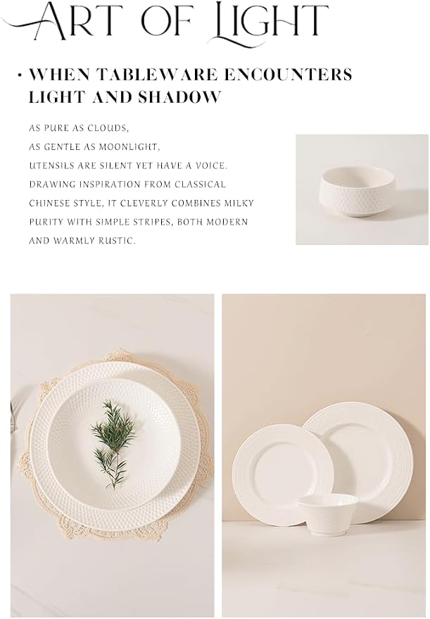 4-piece set, ceramic, embossed B design plate and bowl set, microwave and dishwasher tableware set, shatterproof and scratch resistant dinner set, irregular edge design, white
