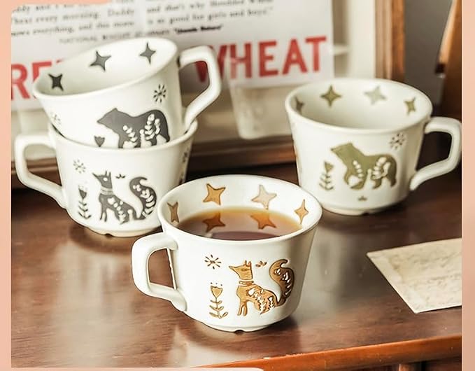 12OZ Stackable Coffee Mugs,Vintage Ceramic Coffee Mugs With Animal patterns for Man,Woman,Dad,Mom, Modern Coffee Mugs Set of 4 for Latte,Cappuccino,Cocoa. Dishwasher&Microwave Safe