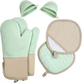6-Piece Silicone Oven Mitts Set, Heat Resistant Kitchen Gloves with Soft Cotton Lining, Pot Holders & Mini Mitts for Cooking, Baking, BBQ – Light Green