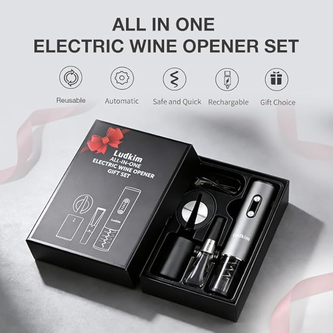 Electric Wine Opener Set, Rechargeable 4-in-1 Corkscrew Luxury Gift Box with Charging Vacuum Stopper, Aerator Pourer & Foil Cutter,Cordless Metal Automatic Bottle Opener Kit for Men & Women