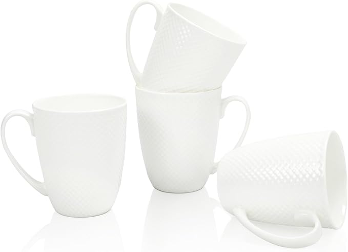 12 Oz White Coffee Mugs Set of 4, Fine Bone China Mugs, White Ceramic Coffee Cups Set, Rhombus Relief Texture, Lightweight Tea Mugs for Latte, Hot Cocoa, Women, Men