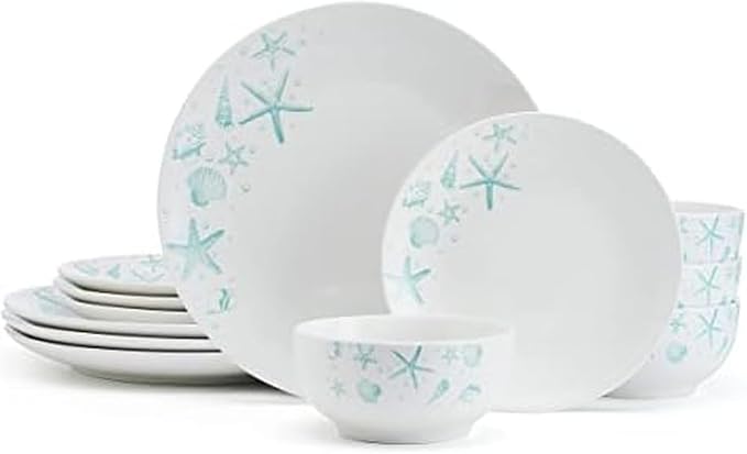 Studio Nova Tahiti Coastal 12 Piece Dinnerware Set, Service for 4, Multicolored Stoneware Plates and Bowls with Vibrant Coastal Design for Everyday Dining