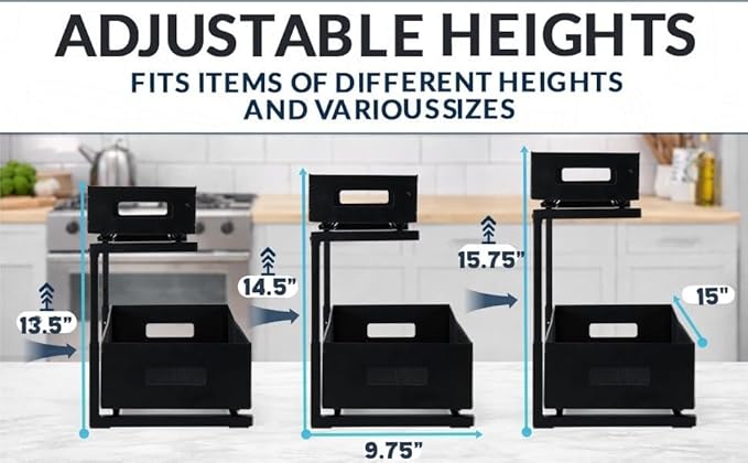 Under Sink Organizer Set of 2, Heavy Duty Matte Black Metal Cabinet Organizer with Retractable Shelves, Adjustable Height, Expandable Storage for Kitchen Bathroom and Laundry Room