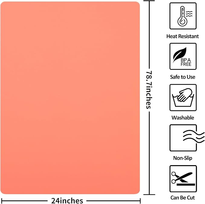 Silicone Mats for Kitchen Counter, Nonslip Silicone Mats for Crafts Countertop Protector Heat Resistant Mat (78.7” x 24” x 0.08”, Coral)