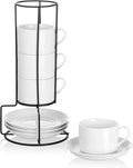 Cappuccino Cups Set of 4, 8oz Stackable Coffee Cups Set with Saucers and Metal Stand, White Coffee Mugs and Saucers for Cappuccino, Latte, Americano and Tea