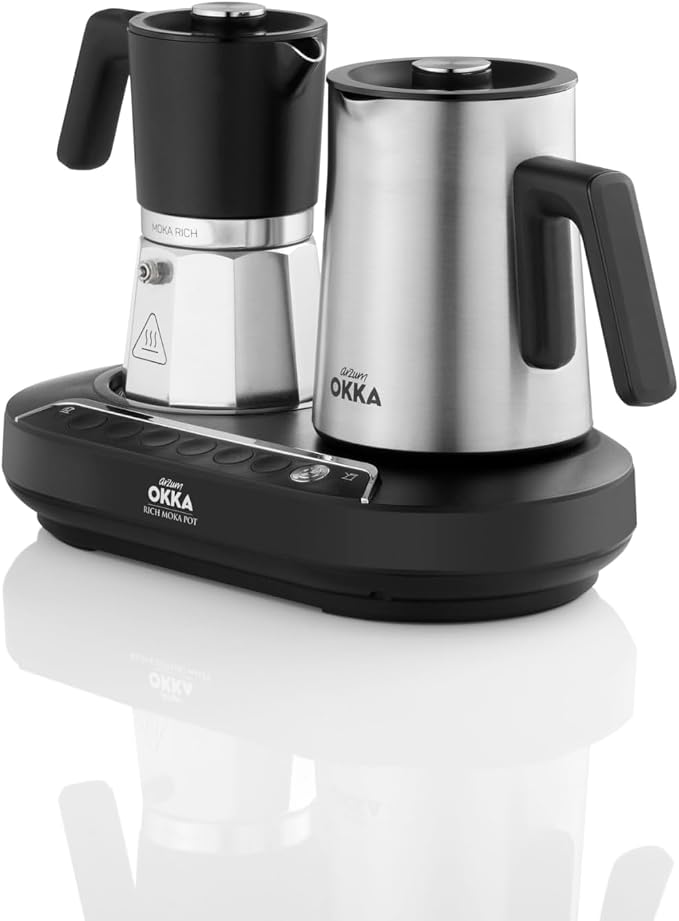 Arzum Okka Moka Pot with Milk Frother, Hot Beverage and Turkish and Greek Coffee Maker, Velvetiser, 120V, 5 Cups, Programmable Touch Panel, Chrome