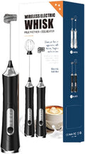 Rechargeable Milk Frother Mini Handheld Wireless Cream Whipper Stainless Steel Double-headed Replaceable 3 Speeds Type-C Charging Port for Cakes and Coffee Latte Patterns (Black)