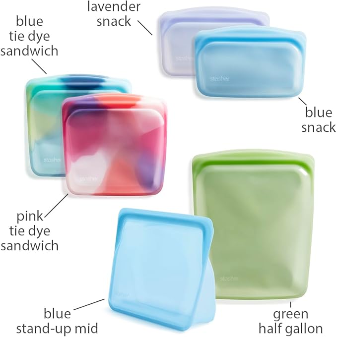 Stasher Silicone Reusable Food Storage Bags, 6-Pack, Reusable Freezer Bags, Microwave, Dishwasher, Oven Safe, Sous Vide, Premium Lunch Containers, Eco Friendly, Food-safe Silicone Snack Bag, Tie Dye | Reusable Food Bag