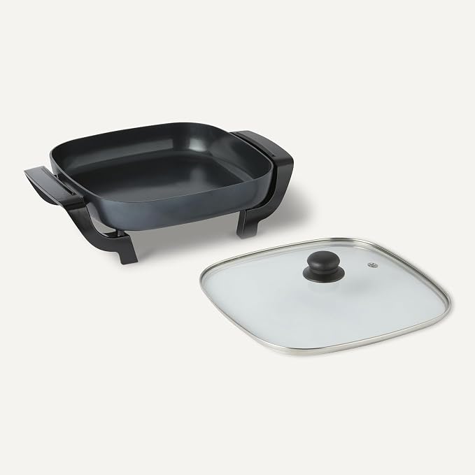 Amazon Basics Electric Skillet and Frying Pan with Glass Lid, Nonstick Ceramic Coating, Cool-Touch Handles, Adjustable Heat, 15.74 x 11.81 x 6.69 inch, Black