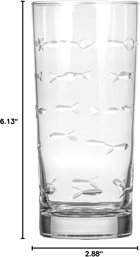 Rolf Glass School of Fish Highball Glass | Set of 4 15oz Cooler Glasses | Lead-Free Engraved Glass with Heavy Base | Proudly Made in the USA
