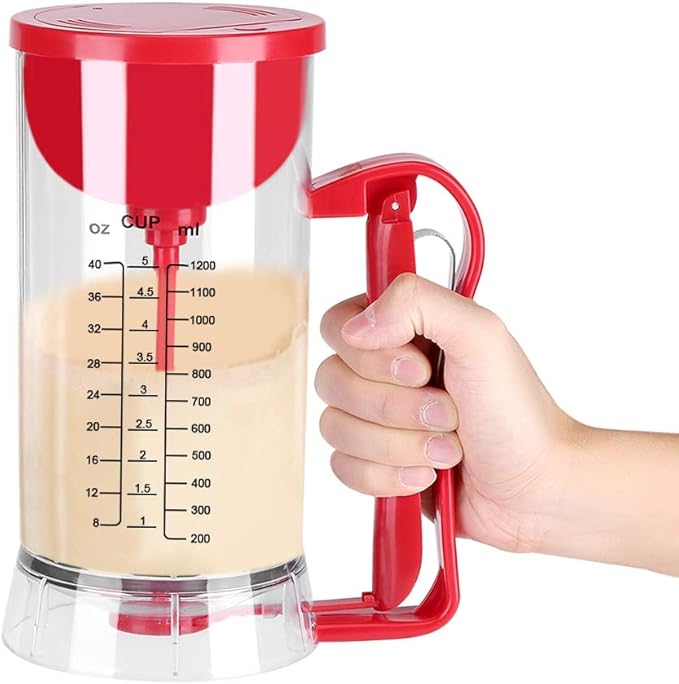 Pancake Batter Dispenser Electric Mixer Separator for Cupcakes, Waffles, Cookies, Clear Marks, 40.58oz, Clear/Red