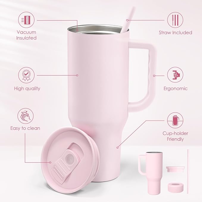 SANDJEST Light Pink 40oz Tumbler with Handle and Straw, Insulated Stainless Steel Travel Coffee Mug for Women Girls, Gift Idea for Birthday Christmas Mothers Day