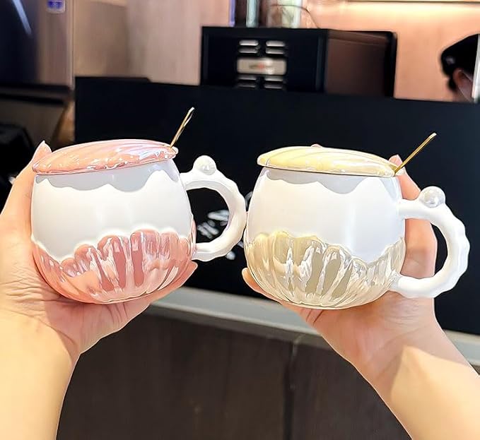 Pearl Ceramic Coffee Mug for Tea Latte Milk Cute Love Shape Cup for Home Office Women Gift 6.5 oz (Shell Round Beige, 350 ml)