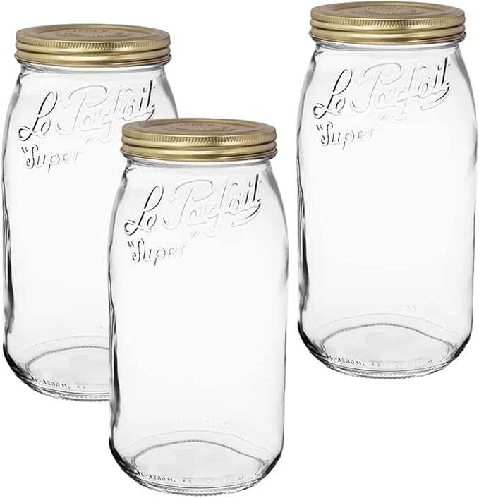 Le Parfait Eco-Friendly Zero Waste Wide Mouth Glass Jar with Airtight Screw Top Lid - Reusable French Storage Jar for Food, Soup, Flour, Sugar, Canning & Baking (3L/96oz, 3 Pack, Gold 2-Piece Lid)
