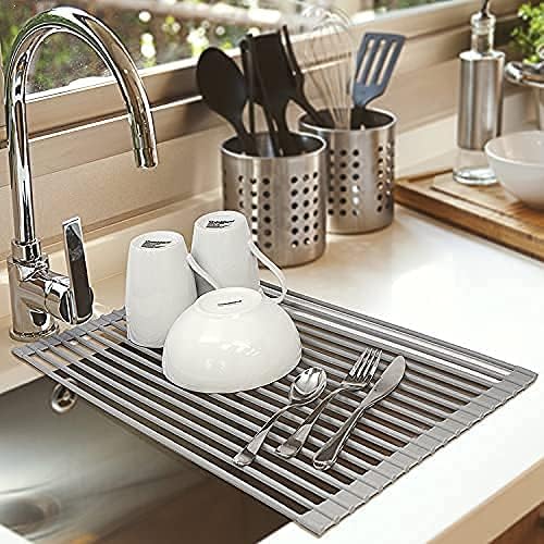 Bigdata&BetterLife Roll Up Dish Drying Rack Simple Large Space Saving Dish Drying Mat with Rack for Kitchen Foldable Silicone Coated Stainless Steel Heavy Duty Dry Rack (Gray, 20.5" x 13.1")