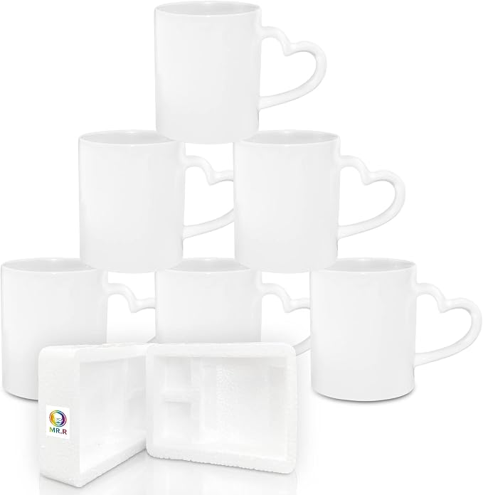 MR.R Sublimation Blanks Dishwasher White Ceramic Coffee Mugs 11oz Blank Ceramic Classic Drinking Cup Mug with Heart Handle For Milk Tea Cola Water, Set of 6…