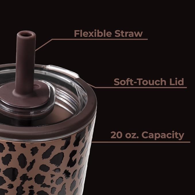 HydroJug Everyday Tumbler 20 oz, Ceramic-Lined Straw Cup, Brown Leopard