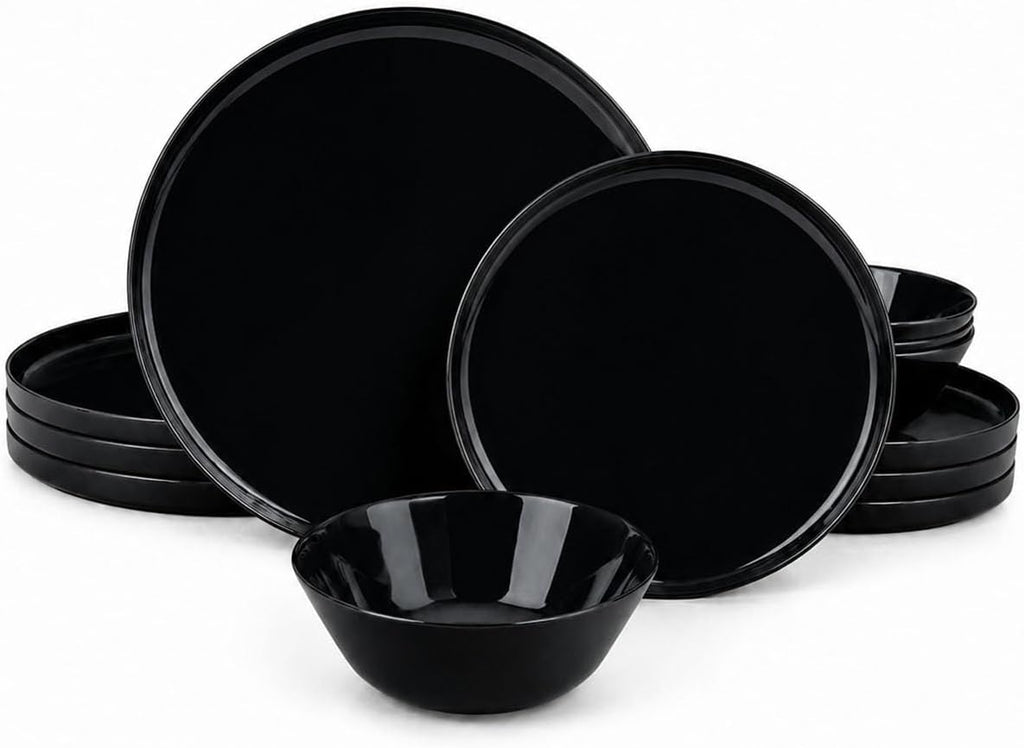 LaGlint Dinnerware Sets for 4, Black 12 Pieces Opal Glass Plates and Bowls Set, Dishwasher and Microwave Safe Dish Dinning Ware, Chip and Scratch Resistant Dishware