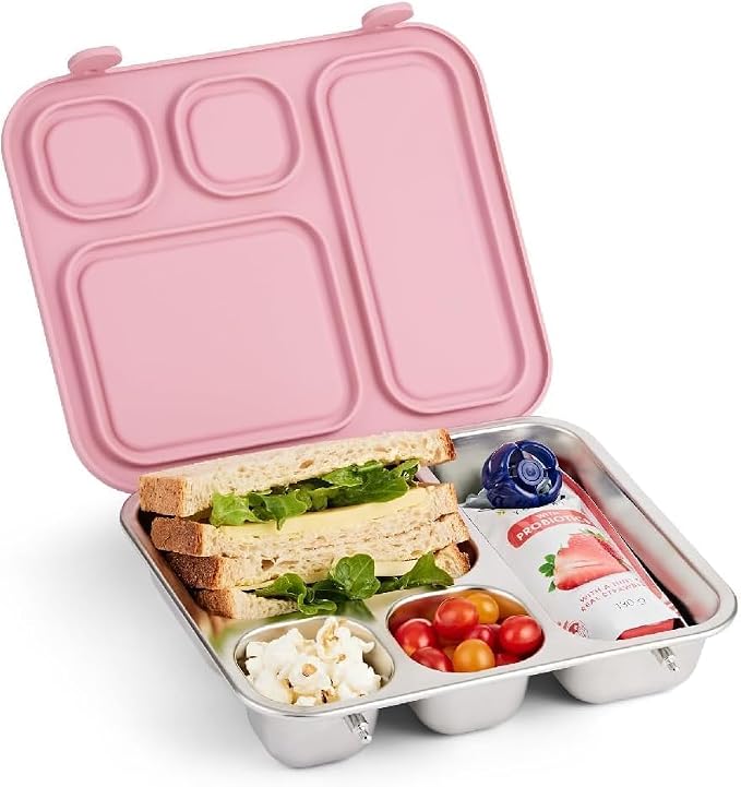 Elk and Friends Kids Stainless Steel Bento Box with Silicone Lid | Leak-proof | Toddler Lunch Container | 4 Compartments | Dishwasher Safe